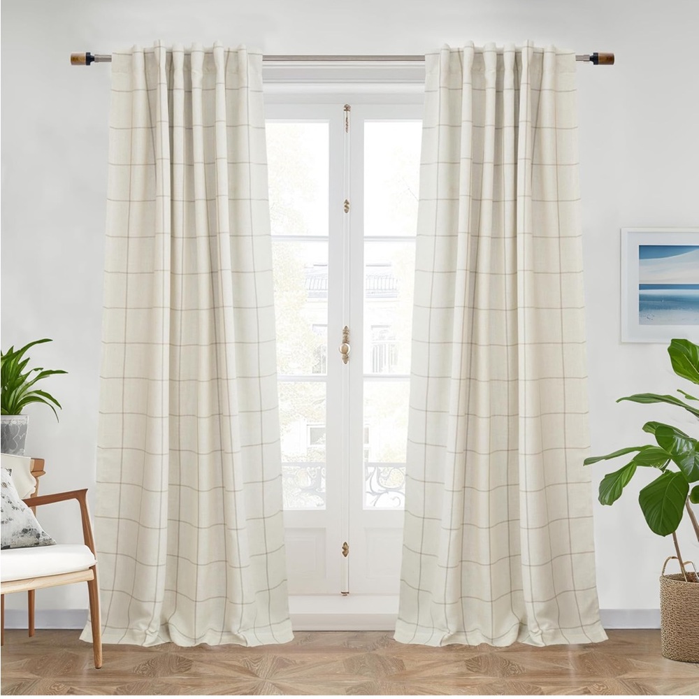 100% Blackout Windowpane Plaid Linen Curtains Grid Pattern x2 - Taupe
